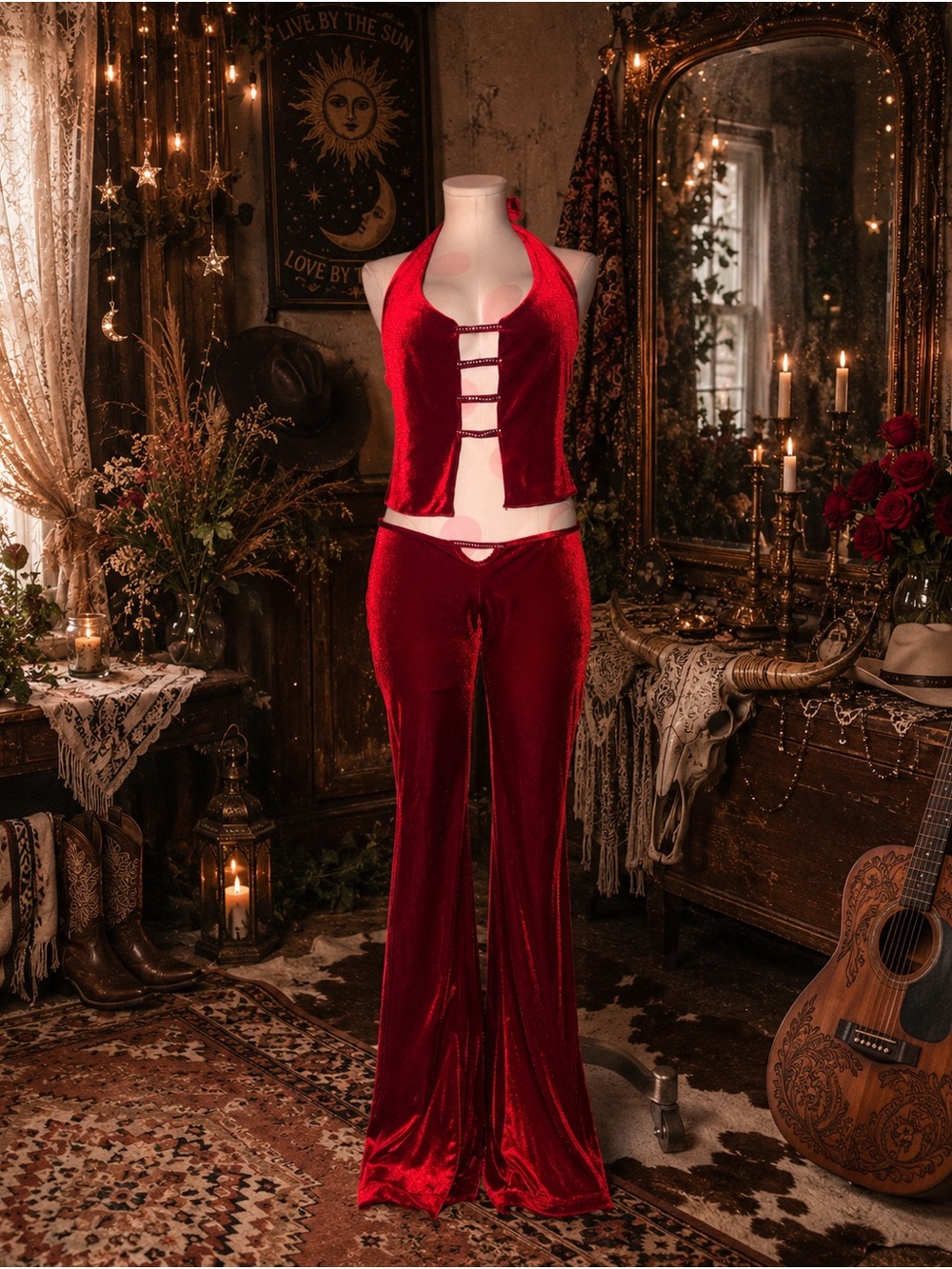 Shirley of Hollywood Y2K Red Velvet Rhinestone Low Rise Flares Backless Halter